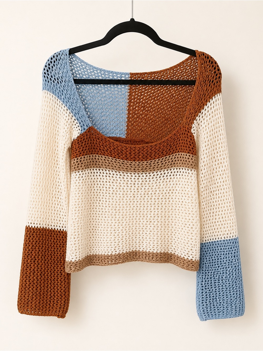 Colorblock Crochet Open Knit Bell Sleeve Sweater NWOT - Small